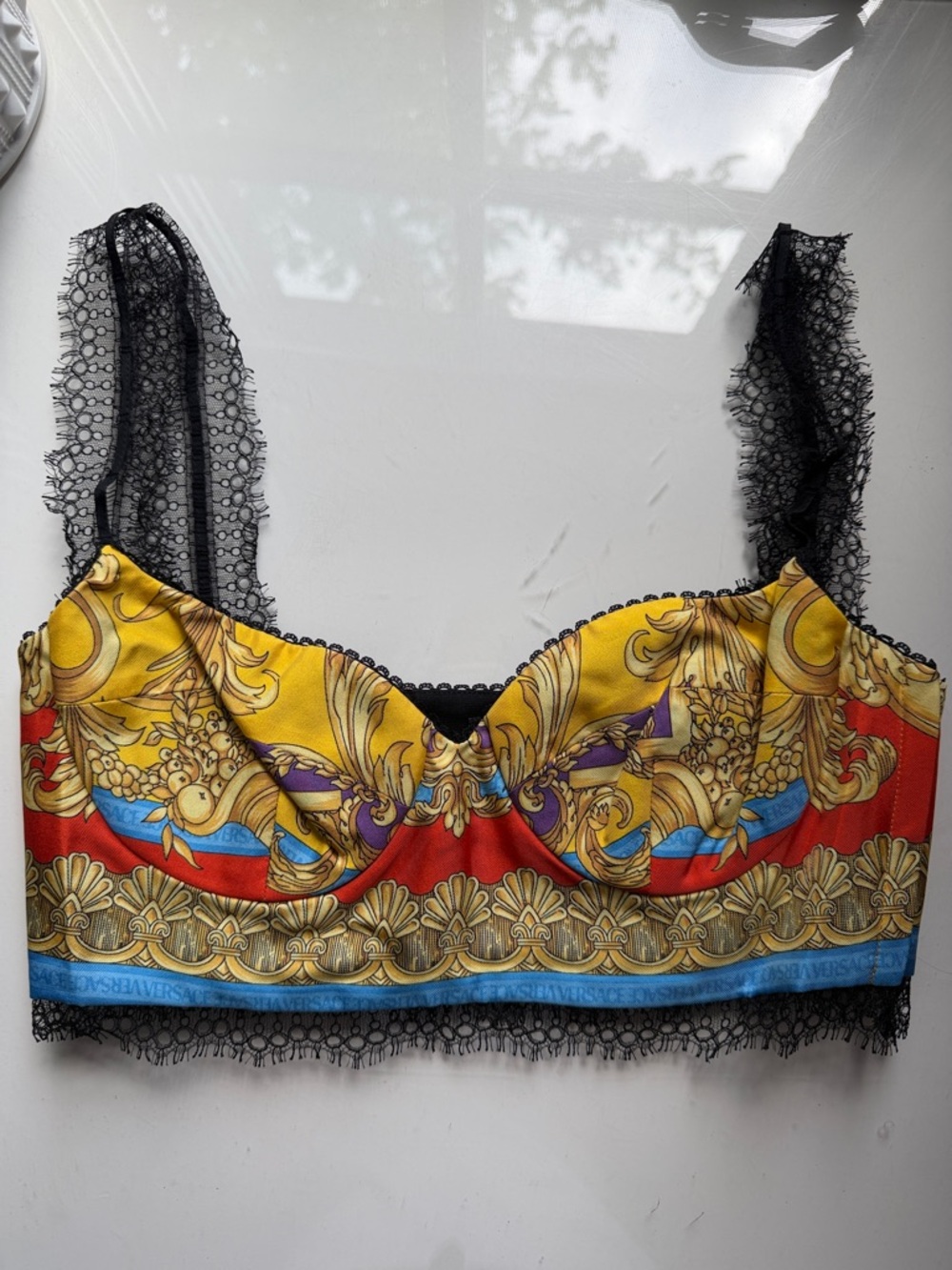Versace Silk Print Lace-Trim Bustier Top